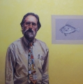 Greg Somers, Self portrait with the picture of dory in grey. Oil on canvas. Life size